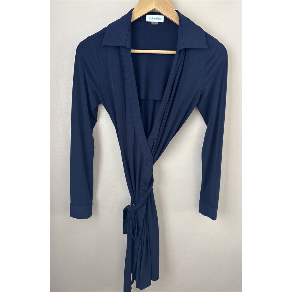 Calvin Klein Women’s 2 Navy Knit Wrap Dress Knee Length Collared